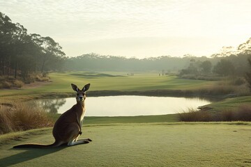 Kangaroo standing still golf course fairway ears perked up golfers pass in the distance artificial ponds and trimmed grass creating a juxtaposition between wildlife and human landscapes shot at 135mm