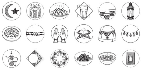 A collection of intricate ramadan icons representing cultural themes, including food, rituals, and traditional symbols, arranged in a circular format.