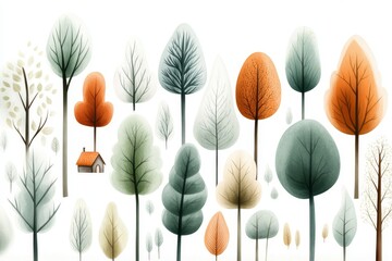 A whimsical 2D drawing of an aerial view of a forest with colorful trees, dotted with tiny cabins and clearings on a white background