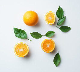 A vibrant photo of two oranges, one whole and one cut in half, with glossy skin and green leaves on a white background, emphasizing natural freshness and commercial appeal