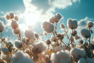 Cotton Field Blooms Against a Blue Sky with Sun Rays, Agriculture Crop Harvest, Natural Fiber Farming, Agricultural Background