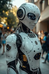 Fototapeta premium Robot stands in a busy street showcasing advanced technology and design