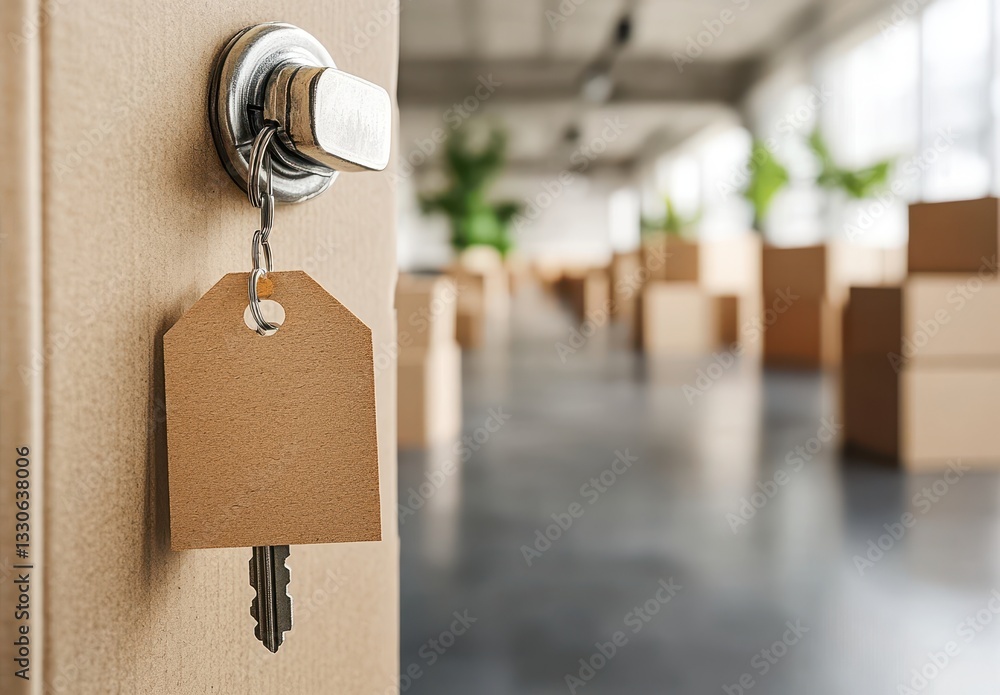 Poster key in lock on an office door with blurred background of moving boxes symbolizes relocation and new 