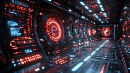 Fototapeta premium Futuristic Spaceship Corridor: Red and Blue Neon Lights Illuminate High-Tech Control Panels