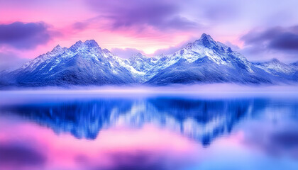 Majestic mountain peaks, snow-capped, serene lake reflection, vibrant colors