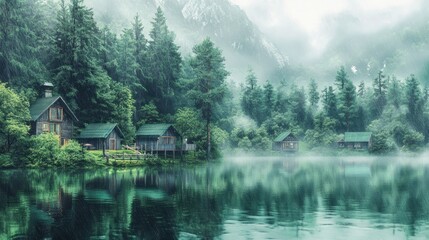 Fototapeta premium Misty mountain lake with cabins. Lush forest surrounds tranquil water