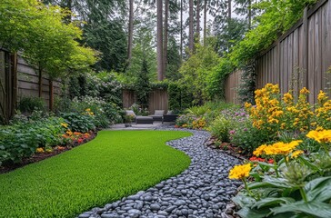 Obraz premium Lush Garden Oasis with Colorful Flowers, Green Grass, and Stone Pathway Surrounded by Tall Trees in a Cozy Outdoor Setting
