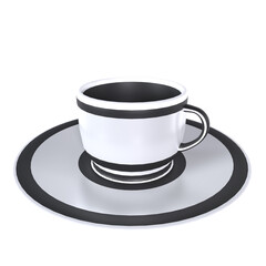Black and white coffee cup with saucer isolated on transparent