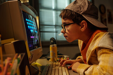 Young boy wearing glasses and hat intensely engaging with vintage computer in home setting with various items scattered on desk without looking at camera