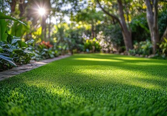 Obraz premium Lush Green Artificial Turf in a Serene Garden Setting with Sunlight Glimmering Through Trees and Vibrant Foliage Surrounding a Beautiful Landscape