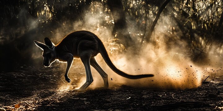 Kangaroos tail thumping the ground as it warns others of a nearby predator dust rising from the impact intense body language captured in dramatic lighting fast shutter ensuring crisp details