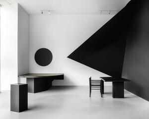 Modern minimalist restaurant design, black and white color palette, geometric decor, polished concrete floors, industrial yet cozy ambiance