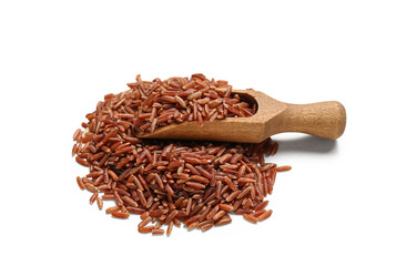 Heap of raw brown rice and wooden scoop on white background