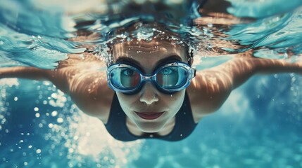 Naklejka premium A female swimmer performing a powerful stroke underwater in a pool.