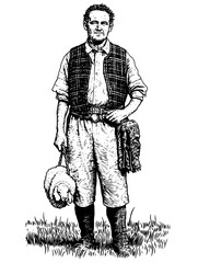 Vintage engraved illustration of a shepherd holding a sheep in a rural landscape setting in the countryside