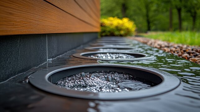 Modern water feature with bubbling circular basins