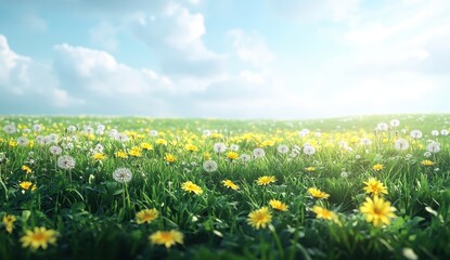 Lush Green Field Blanketed with Yellow Daisies and Dandelions under a Bright Sky with Whimsical Clouds and Sunlight Streaming Through