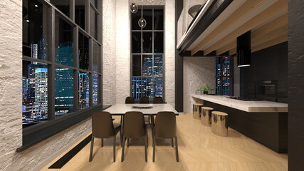 夜景が見えるリビングルーム　3DCGレンダリング