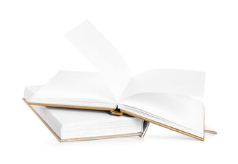Flying open books on white background