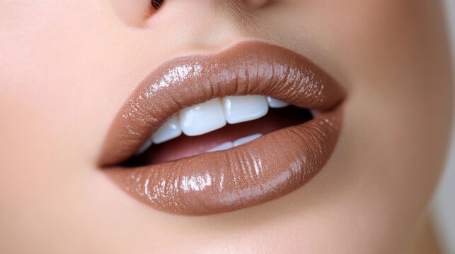 Closeup of glossy brown lipstick on lips and teeth
