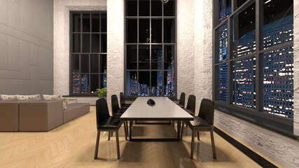 夜景が見えるリビングルーム　3DCGレンダリング