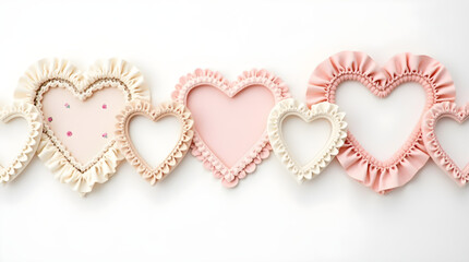 Valentine's Day Shabby Chic Romantic Pink White Ruffled Fabric Heart Ornaments Pastel Lace Handcrafted Textile