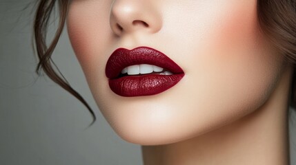 Fototapeta premium Closeup of a womans face showcasing rich red lipstick