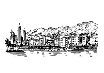 Fototapeta premium Engraved vintage illustration of a scenic waterfront village with mountains in the background and architectural details visible