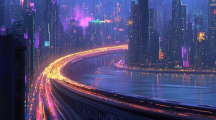 Cyberpunk city highway at night over water with train