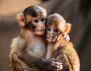Two young monkeys with soft brown fur and expressive eyes are hugging each other closely, showing a deep bond of affection and warmth in a natural outdoor environment with soft lighting.