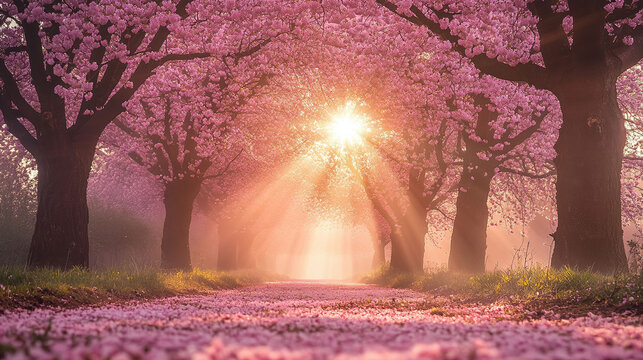 A breathtaking landscape of cherry blossom trees in full bloom, their delicate pink petals covering the ground like a soft, floral carpet. The first rays of morning sunlight filter through the branche
