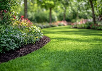 Lush Green Garden Pathway Surrounded by Colorful Flower Beds and Vibrant Foliage in Bright Natural Light