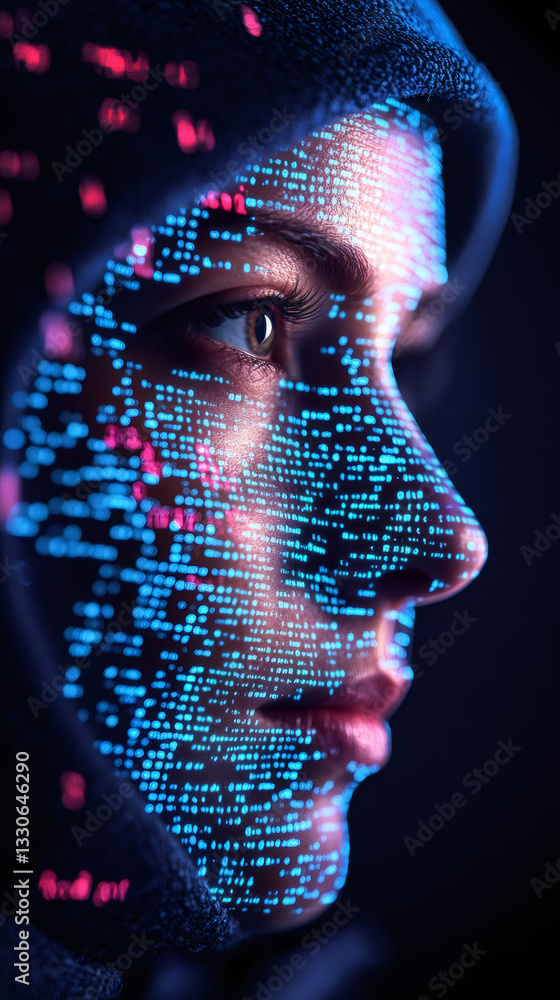 Aufkleber Hacker with binary code projected on his face, representing cybersecurity, programming, and artificial intelligence