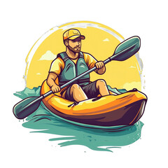 Naklejka premium Man kayaking on water, sunny day with bright sky and island background. Vector illustration isolated on white or transparent png