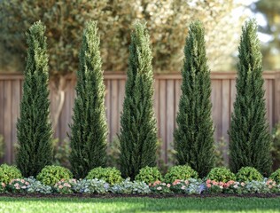 Lush Green Garden With Tall Evergreen Trees and Colorful Flower Bed in Bright Sunlight Surrounded by Wooden Fence in a Tranquil Outdoor Setting