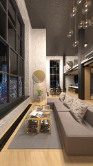 夜景が見えるリビングルーム　3DCGレンダリング