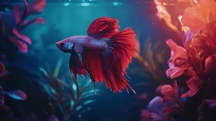 Stunning red betta fish performing a dynamic swim, its tail creating dramatic ripples in a pristine aquarium filled with glowing plants and blue hues