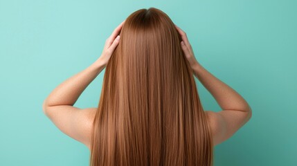 Fototapeta premium Minimalist Hair Care and Glossy Hair, Woman Running Her Fingers Through Long Hair Against a Pastel Background