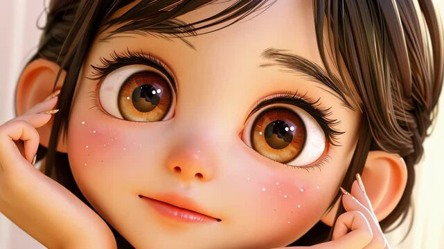 Closeup of a cute girl with big brown eyes and freckles, showcasing her beautiful skin and long eyelashes in a vibrant style.