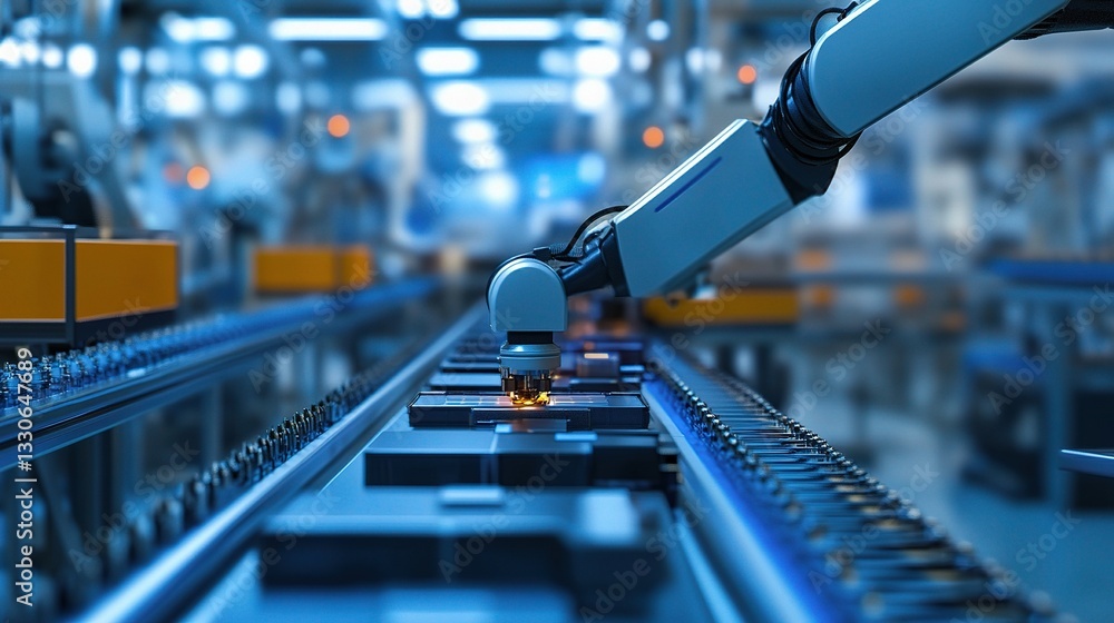 Poster advanced robotics in a futuristic factory with conveyor system