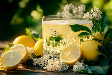 Freshly made lemonade sits in clear glasses surrounded by vibrant yellow lemons and delicate white flowers under bright sunlight in a garden setting