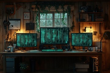 Unique workspace featuring multiple monitors displaying digital data in a cozy wooden room surrounded by essential tech items