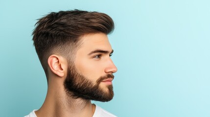 Fototapeta premium Minimalist Hair Care and Glossy Hair, Man Smoothing Hair with Serum in a Light Blue Background Image