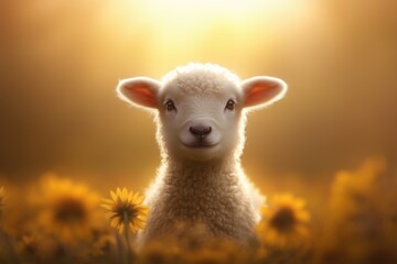 Obraz premium Cute lamb surrounded by sunflowers in a golden glow during a sunny afternoon in a pastoral setting