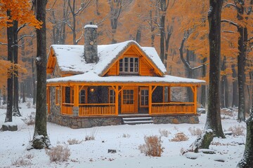 Winter Cabin in the Woods with Snow Falling