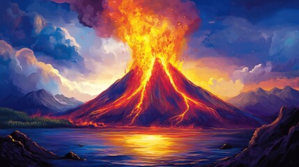 Erupting Volcano Plumes Ash and Lava Over Serene Landscape at Sunset