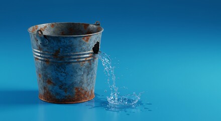 Rusty bucket leaks water slowly against blue backdrop. AI Generated