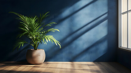 Serene Minimalist Interior Parlor Palm in a Modern Pot Against a Deep Blue Wall