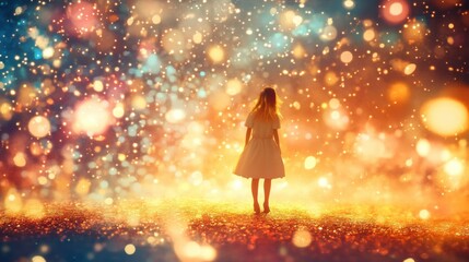 Dreamy ethereal landscape with glowing lights and silhouette of figure