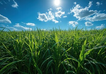 Fototapeta premium Lush Green Grass Field Under a Bright Blue Sky with Fluffy Clouds and Sunlight Illuminating the Landscape on a Clear Summer Day